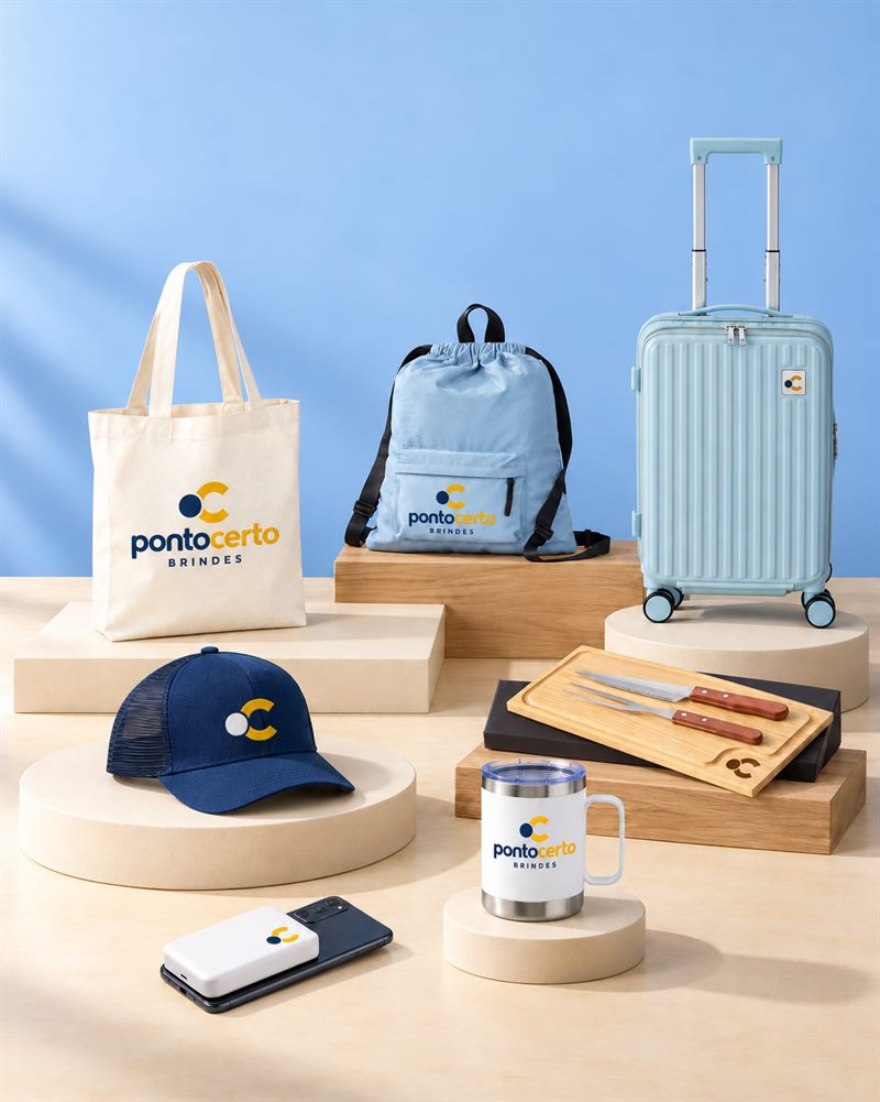 Ecobag de algodão, sacochila azul-claro, mala de viagem, boné azul-marinho, kit churrasco com tábua e facas, caneca e carregador portátil, todos com a logo Ponto Certo Brindes aplicada.