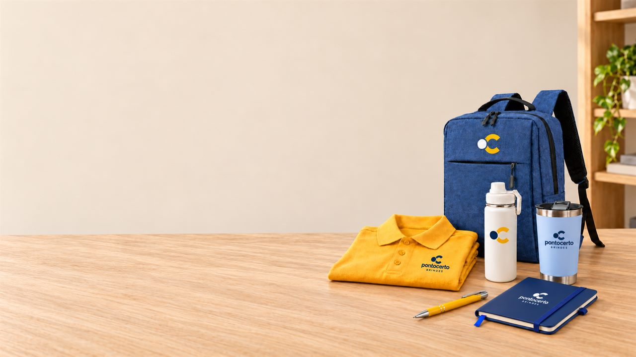 Kit corporativo sobre mesa de madeira: mochila azul mesclado, camisa polo amarela, garrafa branca, copo azul-claro, caderneta e caneta, todos com a logo Ponto Certo Brindes aplicada.