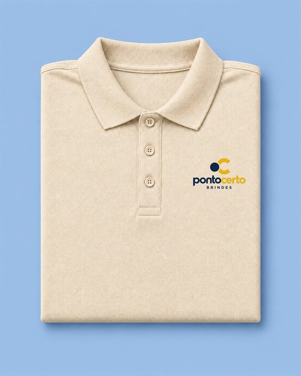 Camisa polo creme em malha piquet com a logo Ponto Certo Brindes bordada no peito esquerdo.
